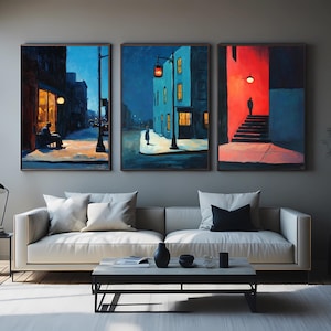 Noir Cityscape Print Set: Silhouetted Figures, Lamplight - Moody Urban Wall Art