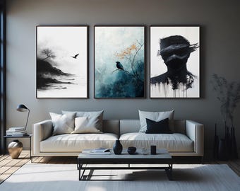 Dark Bird and Monochrome Wall Art Set of 3, Minimalist Crow and Abstract Shadow Prints for Gothic, Moody, or Modern Home Decor Surreal Print