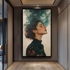 Surreal Wall Art of Dreamy Woman with Flowing Hair Transforming into Smoke in Moody Abstract Oil Painting Style, Woman Painting, Surreal Art