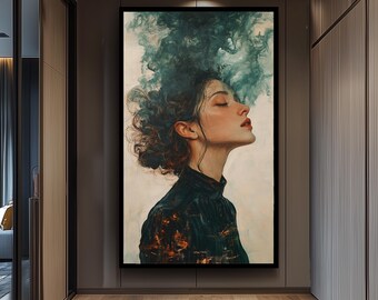 Surreal Wall Art of Dreamy Woman with Flowing Hair Transforming into Smoke in Moody Abstract Oil Painting Style, Woman Painting, Surreal Art