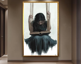 本を読むシュールな少女のキャンバスプリント、夢のようなファンタジーアート
