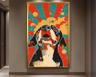 Retro Pop Art Beagle Poster with Colorful Rays and Grunge Texture – Vibrant Dog Wall Art Print for Fun Modern Pet Lovers Decor Doge Wall Art