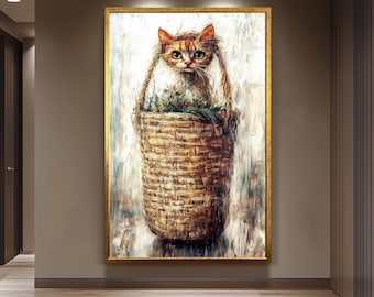 Rustic Cat in Basket Wall Art, Vintage Animal Painting, Whimsical Feline Canvas Print, Cozy Farmhouse Decor, Cute Kitten Artwork, Cat Art