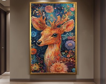 Colorful Deer Wall Art Surreal Animal Painting Floral Fantasy Woodland Print Whimsical Nature Decor Vibrant Antlers and Wildflowers Deer Art
