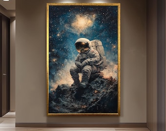 Melancholic Astronaut Sitting on Moon Rock in Cosmic Space Wall Art with Deep Galaxy Background for Sci-Fi and Dreamy Space Decor
