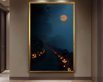 Haunted Forest Path At Night With Glowing Jack-O'-Lanterns Canvas Wall Art For Spooky Halloween Themed Room Decor  Living Room Artwork