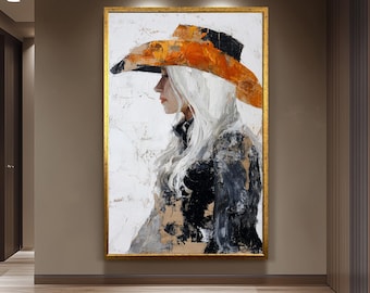 Abstract Western Woman Oil Painting | Cowgirl with Long White Hair in Textured Orange and Black Hat | Rustic Canvas Art Wall Decor Woman Art