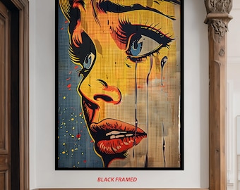 Pop Art Style Crying Woman Close Up Canvas Wall Art with Bold Lines and Emotional Comic Book Design Modern Retro Poster Vintage Pop Art