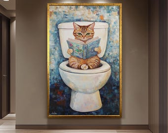 Funny Cat Bathroom Wall Art, Whimsical Cat Reading Painting, Quirky Toilet Humor Canvas Print, Playful Feline Decor, Unique Bathroom Artwork