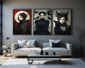 Gothic Witch Wall Art Set of 3 Prints, Dark Fantasy Victorian Woman Portraits with Black Cat Crow and Butterfly Aesthetic Decor Woman Canvas