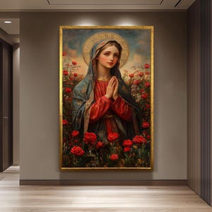 Virgin Mary Canvas Print: Golden Halo, Red Roses, Catholic Art
