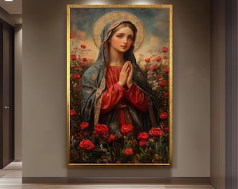 Virgin Mary Canvas Print Golden Halo Red Dress Catholic Wall Art Spiritual Religious Decor Faith Based Artwork for Sacred Modern Interiors