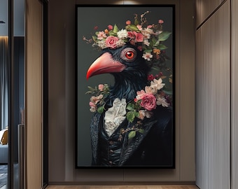 Elegant Bird Portrait Floral Wall Art – Surreal Animal Canvas in Victorian Suit with Blooming Flowers, Whimsical Fantasy Nature Decor