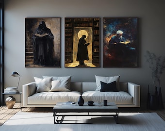 Dark Academia Wall Art Set Of 3 Prints With Hooded Figure Reading Books In Mysterious Library For Gothic Academic Room Decor Man Wall Art