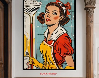 Retro Pop Art Cleaning Woman Wall Art with Bold Colors – 1950s Comic Style Poster for Fun Kitchen, Laundry Room or Home Decor Woman Art