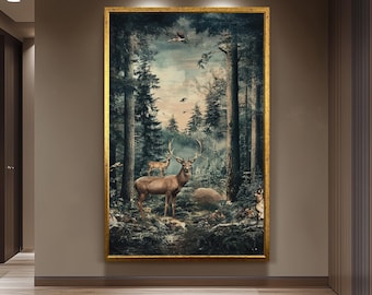 Enchanted Forest Deer Artwork, Vintage Woodland Wall Art, Mystical Wildlife Scene, Majestic Stag and Fawns, Rustic Nature Home Decor