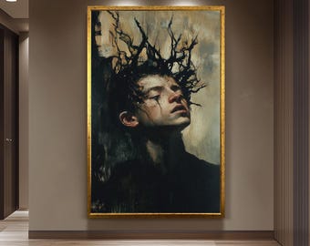 Dark Surreal Portrait Wall Art of Boy with Tree Branches Growing from Head | Emotional Expressionist Fantasy Painting Print, Man Wall Art