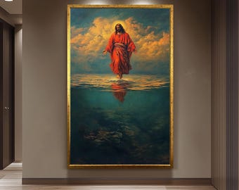 Jesus Walking on Water in Red Robe Canvas  Bold Christian Wall Art for Faith-Inspired Home Decor, Religion Jesus Wall Art, Jesus On Water.