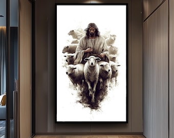 Jesus Christ Leading the Flock Spiritual Wall Art Print, Modern Christian Illustration of the Good Shepherd Protecting Sheep from Danger