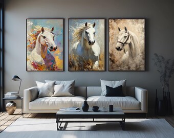 White Horse Oil Painting Set: Equine Canvas Wall Art