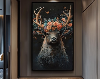 Surreal Floral Deer Portrait Wall Art with Antlers and Colorful Flowers in Dark Fantasy Woodland Style for Boho or Nature Decor Deer Artwork