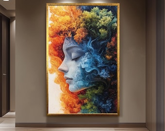 Surreal Woman Face Canvas Art – Fire and Water Element Portrait Set, Abstract Feminine Wall Prints for Bold, Mystical or Modern Home Decor