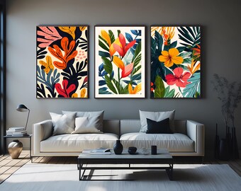 Tropical Botanical Canvas Print Set Colorful Art Exotic Nature Inspired Decor Modern Vibrant Artwork for Stylish Contemporary Home Interiors