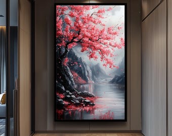 Japanese Cherry Blossom Painting, Tranquil Sakura Landscape Art, Sakura Wall Art Nature Canvas, Textured Floral Wall Decor, Zen Home Gift