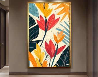 Decoración de pared botánica abstracta con estampado floral moderno de mediados de siglo, obra de arte colorida de inspiración retro, diseño vibrante para interiores de hogares contemporáneos.
