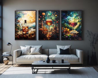 Cosmic Wine & Whiskey Canvas Art Set, Surreal Alcohol Bottle Wall Prints, Trippy Bar Decor for Lounge, Kitchen or Modern Home Interior
