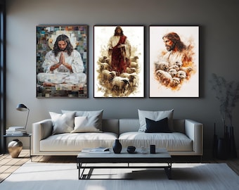 3 Piece Jesus Wall Art – Christian Religious Artwork of Good Shepherd and Prayer for Faith-Based Home and Church Decor Jesus Wall Decor