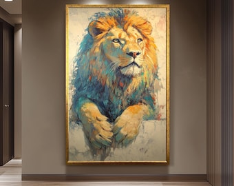 Colorful Lion Painting on Canvas, Abstract Wildlife Wall Art, Hand Painted Majestic Lion Artwork, Bold Animal Decor, Modern Safari Gift