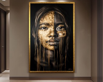 Golden Face Wall Art, Black and Gold Abstract Portrait, Modern Feminine Canvas Print, Luxury Statement Artwork, Contemporary Home Decor