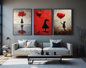 Banksy Inspired Girl with Balloon Wall Art Set of 3 – Red Balloon Modern Street Art Prints – Minimalist Urban Canvas Decor for Home