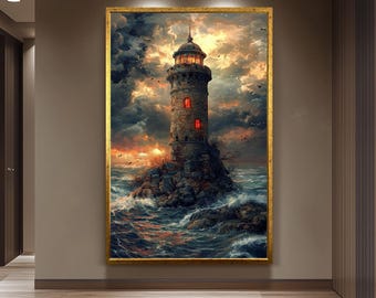 Mystical Lighthouse Wall Art Fantasy Ocean Tower Canvas Print, Dramatic Stormy Sea Painting for Nautical Themed Room Décor, Tower Wall Art.