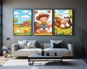 Farm Animal Nursery Prints Cartoon Style Wall Art Whimsical Baby Room Decor Adorable Farmhouse Artwork for Rustic and Playful Interiors
