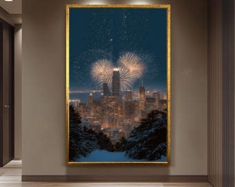 Golden Fireworks Bursting Above Snowy City Skyline Canvas Wall Art For New Year Celebration And Festive Winter Home Decor Living Room Canvas