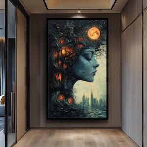 Surreal Woman Forest Canvas Art, Dreamy Nature Portrait Print, Mystical Abstract Wall Decor for Bedroom, Studio or Boho Aesthetic Room