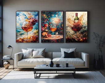 Wine Glass Canvas Print Set: Abstract Cosmic, Ocean, Splash Art