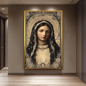 Our Lady Of Guadalupe Wall Art Catholic Canvas Print Black And Gold Sacred Virgin Mary Portrait With Child Holy Religious Home Decor