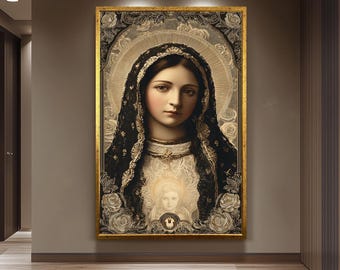 Our Lady Of Guadalupe Wall Art Catholic Canvas Print Black And Gold Sacred Virgin Mary Portrait With Child Holy Religious Home Decor