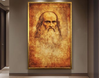 Leonardo da Vinci Vintage Portrait Wall Art Print, Aged Sketch Style Renaissance Drawing for Classic Art History Decor and Study Spaces