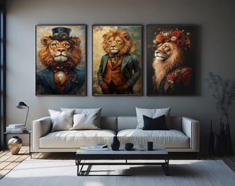 Lion Royal Portrait Set of 3 – Majestic Lions in Suits, Hats, and Floral Crowns for Vintage-Inspired, Eclectic Wall Art Decor  Lion Wall Art