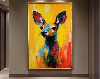 Colorful Deer Pop Art Portrait Painting on Canvas, Abstract Animal Wall Art with Vibrant Yellow Background for Modern Home Decor, Deer Print