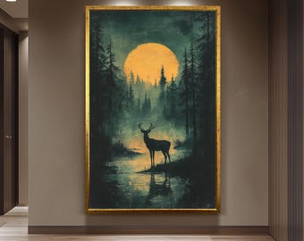 Mystical Deer in Moonlit Forest, Vintage Woodland Silhouette Art, Enchanted Nature Scene, Majestic Stag at Night, Rustic Wildlife Wall Decor