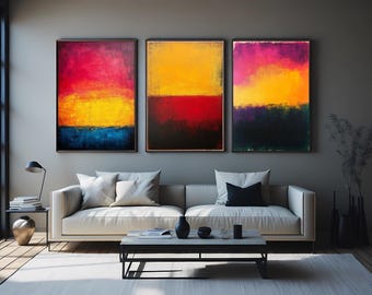 Modern Abstract Color Block Wall Art Set of 3 Bold Red Yellow Purple Expressionist Paintings for Minimalist Contemporary Decor Color Artwork