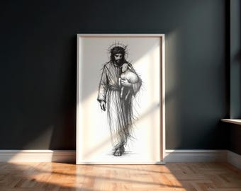 Jesus and Lamb Line Art Print Minimalist Christian Wall Decor Spiritual Black and White Drawing Religious Artwork for Faithful Home Design