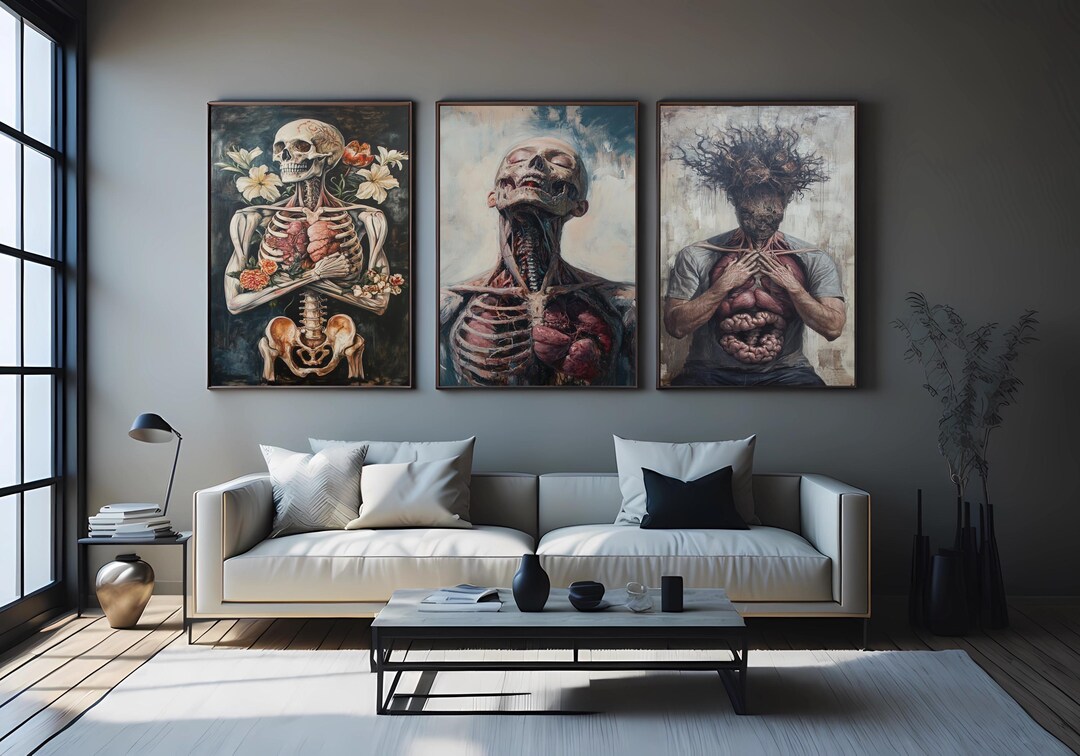 Anatomical Art Print Set, Surreal Gothic Medical Posters, Skeleton ...