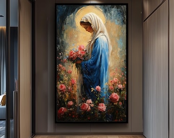 Impressionist Virgin Mary Painting with Pink Roses and Golden Halo, Catholic Floral Canvas Art for Spiritual Home or Chapel Decor