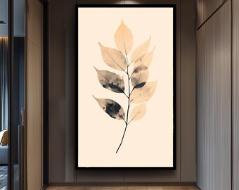 Neutral Leaf Wall Art Print, Minimalist Botanical Illustration in Tan and Black, Elegant Modern Nature Decor for Calm and Cozy Interiors